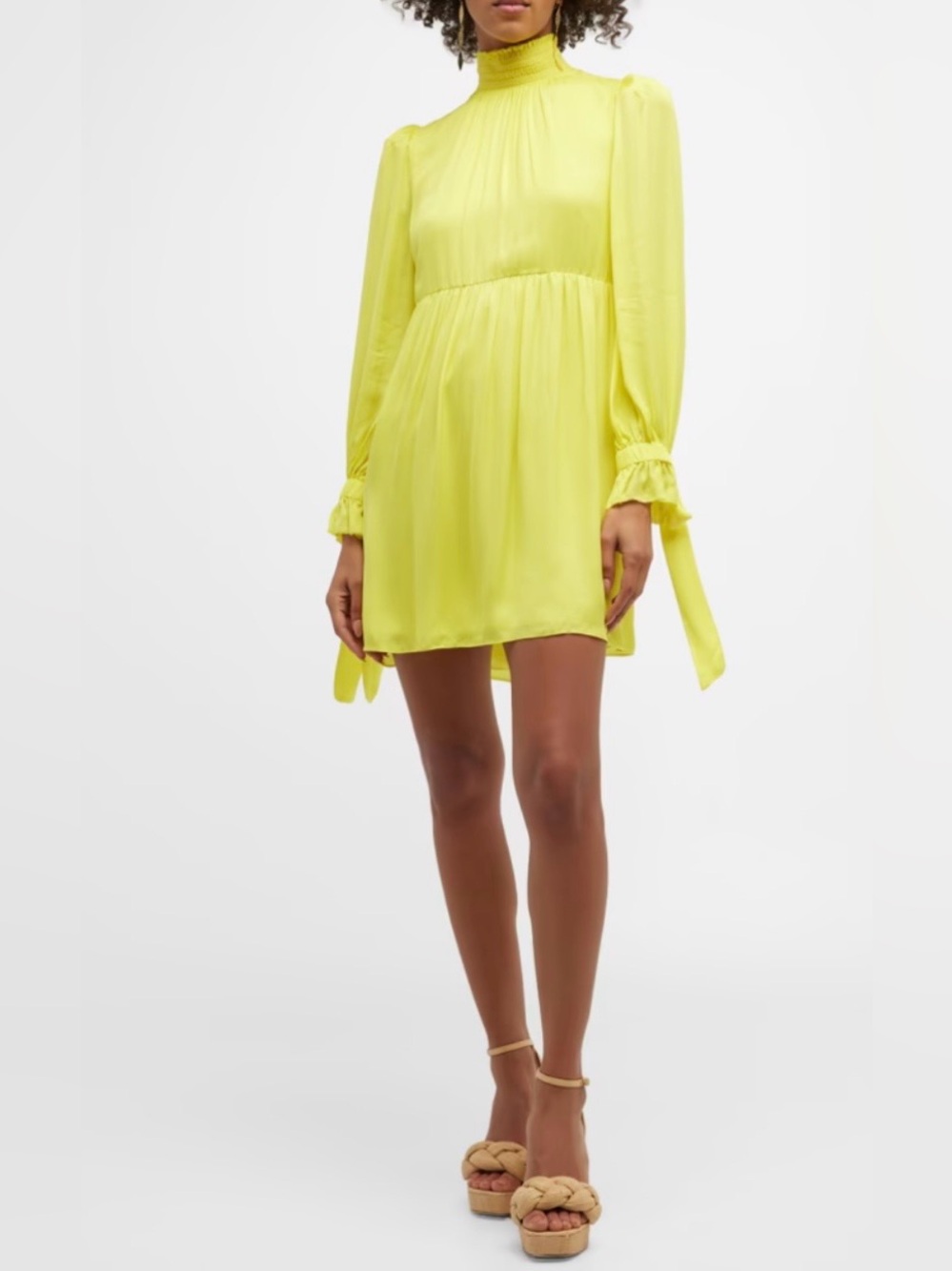 Alice + Olivia - Bright Yellow Smocked Neck Long-Sleeve Dress